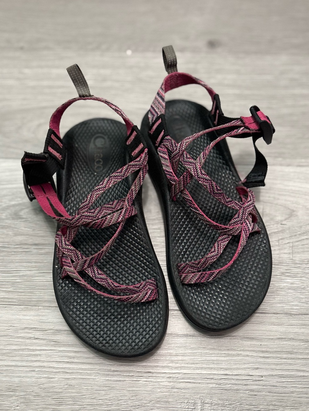 Chaco Girls Pink Patterned Strap Sandals on Black Footbed